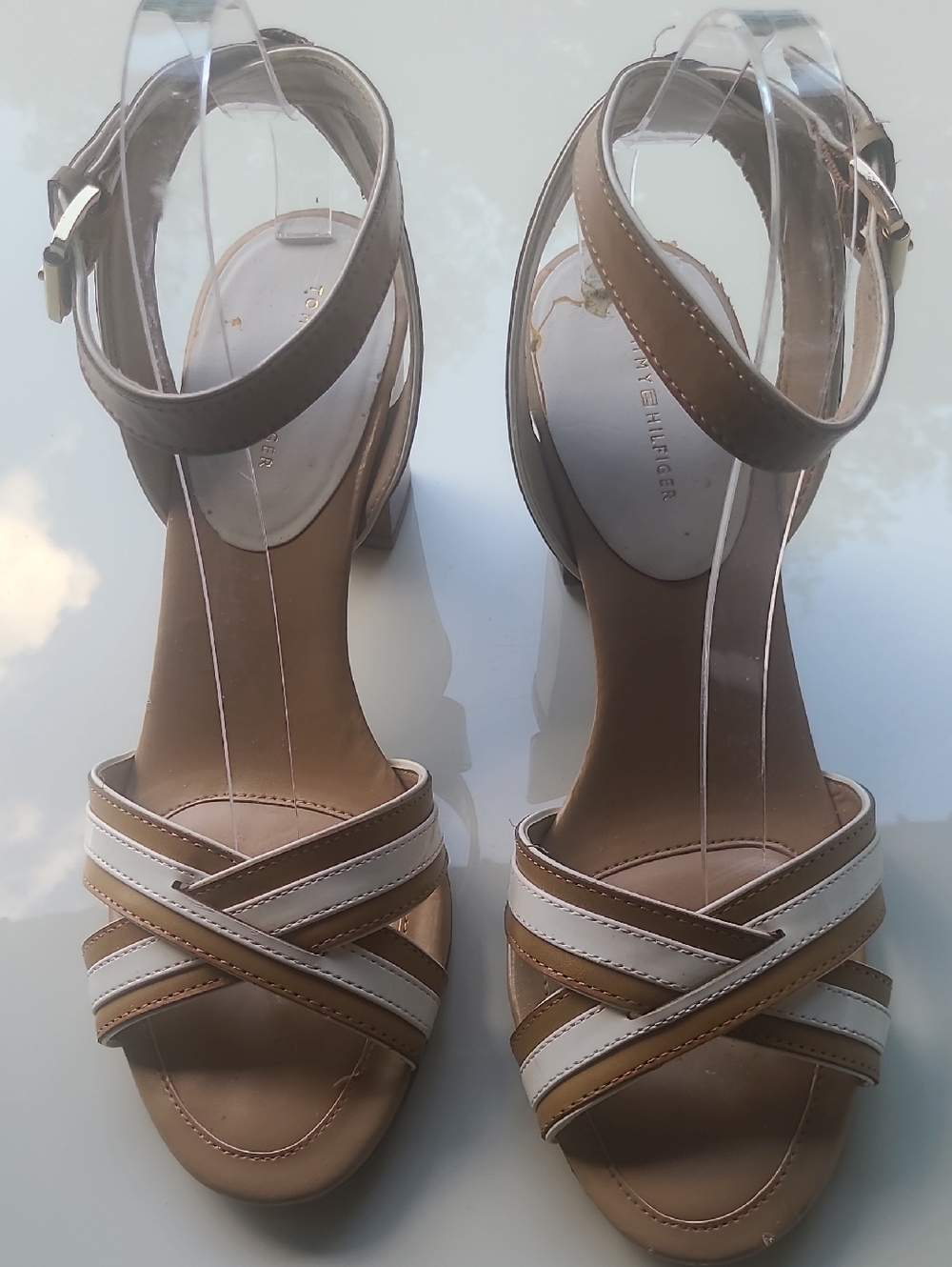 Tommy Hilfiger Tan and White Strappy Block Heel Sandals